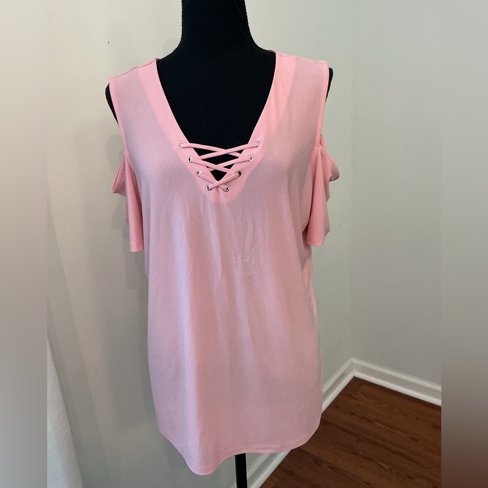 White House Black Market Light Pink Lace-Up Cold Shoulder Tee